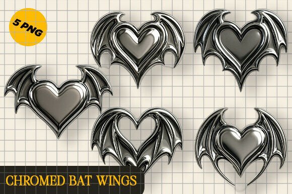 Download Halloween Chrome Bat Wing Heart PNG Set - Heart Collection