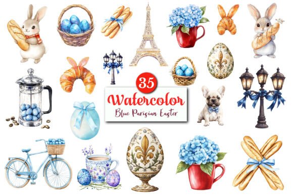 Download Watercolor Blue Parisian Easter Clipart - Parisian Collection