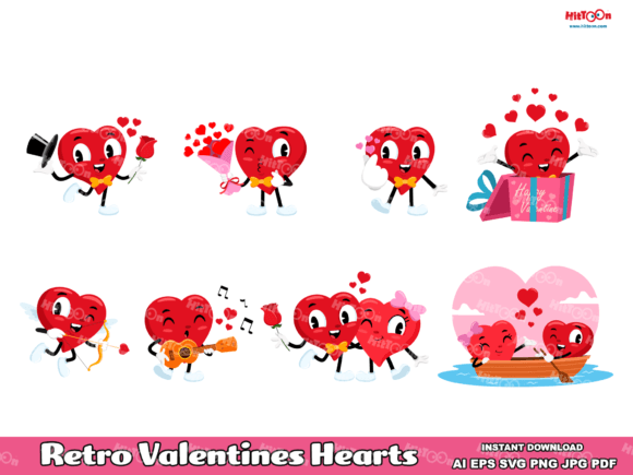 Download Retro Valentines Hearts Flat Clip Art - Heart Collection