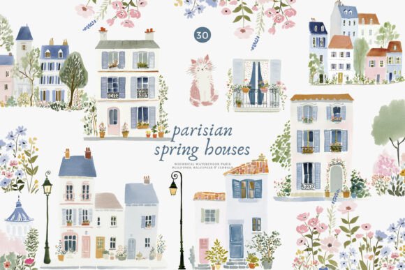 Download Parisian Spring Houses Watercolor Set - Parisian Collection