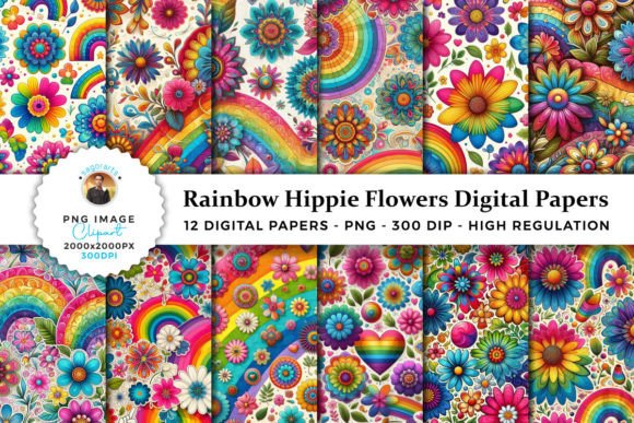 Download Rainbow Hippie Flowers Digital Papers - Digital Collection