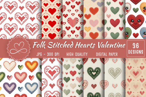Download Folk Stitched Hearts Valentine - Heart Collection